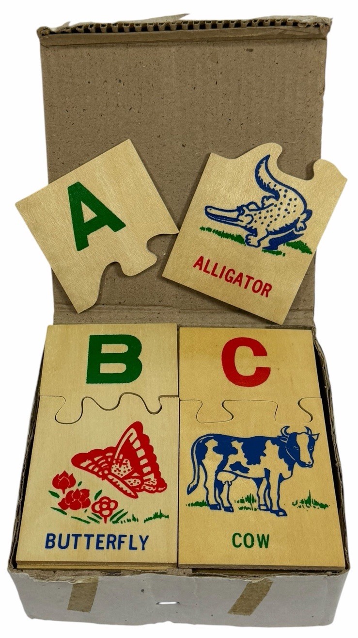 NOS Vintage 1970s Alphabet Match Game Toddler Learning Tool Wooden Animal Letter