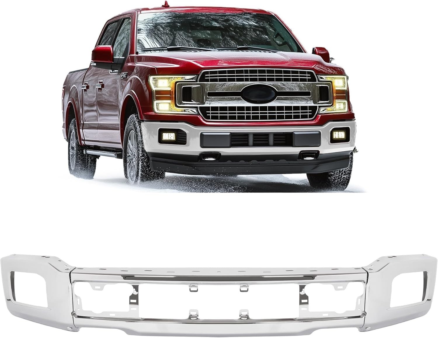 18-20 Ford F150 Front Bumper Face Bar w/ Fog Light Hole Impact Bar Chrome