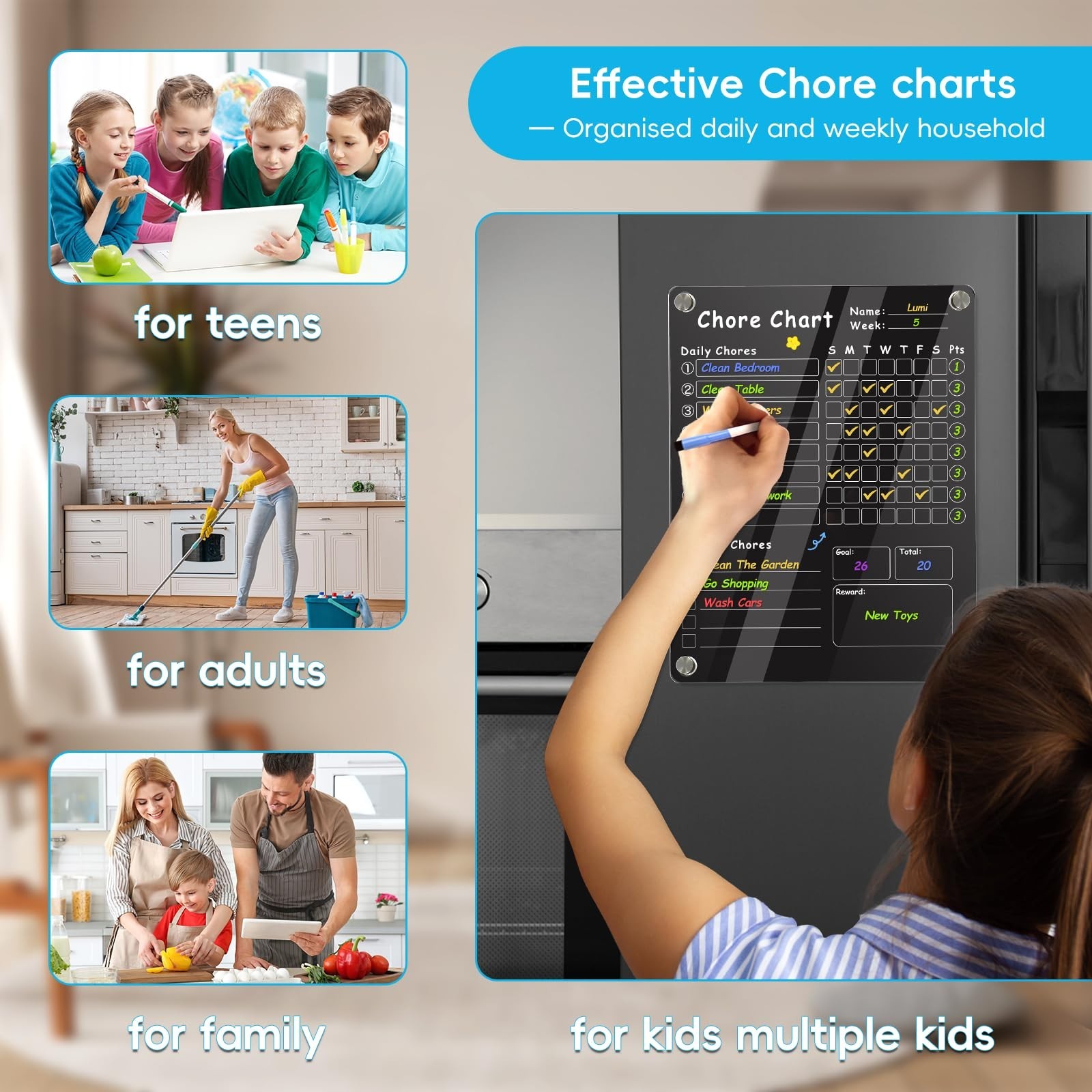 Acrylic Magnetic Chore Chart for Kids & Adults – Dry Erase Reward Board, 12″x9.5