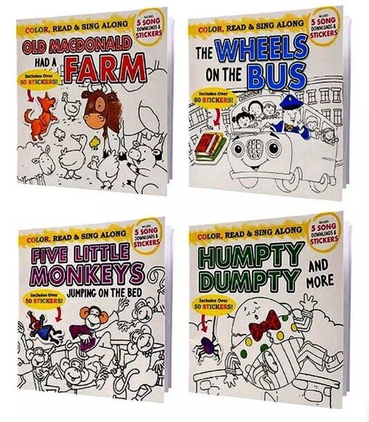 4 Nursery Rhyme Coloring Read and Sing Along Books with Stickers