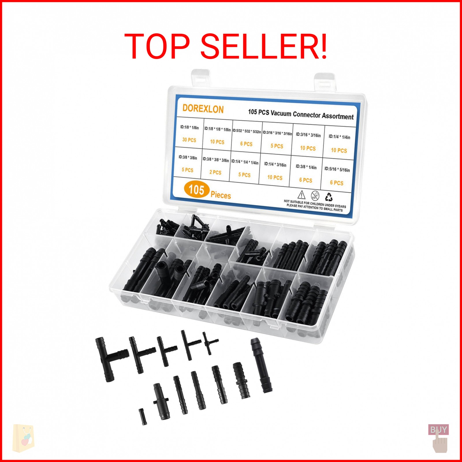 105PCS Automotive Vacuum Connector Assortment, 1/8″ 3/16″ 1/4″ 5/16″ 3/8″ Vacuum