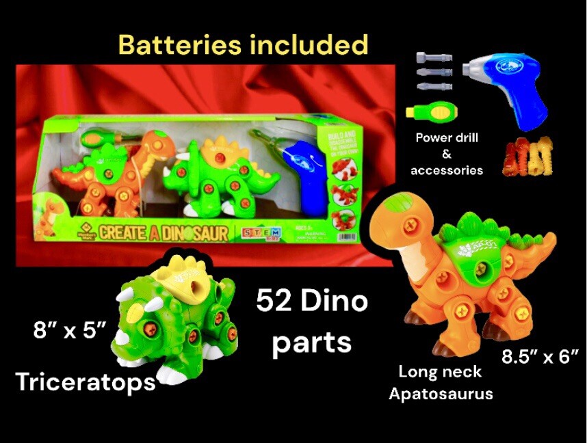 61pc STEM Create A Dinosaur,w Power Drill:Long Neck,triceratops,DIS’/ASSEMBLE