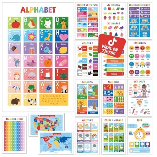 16 Laminated Educational Posters for Kids – ABC, Numbers, Shapes, Colors, Maps –