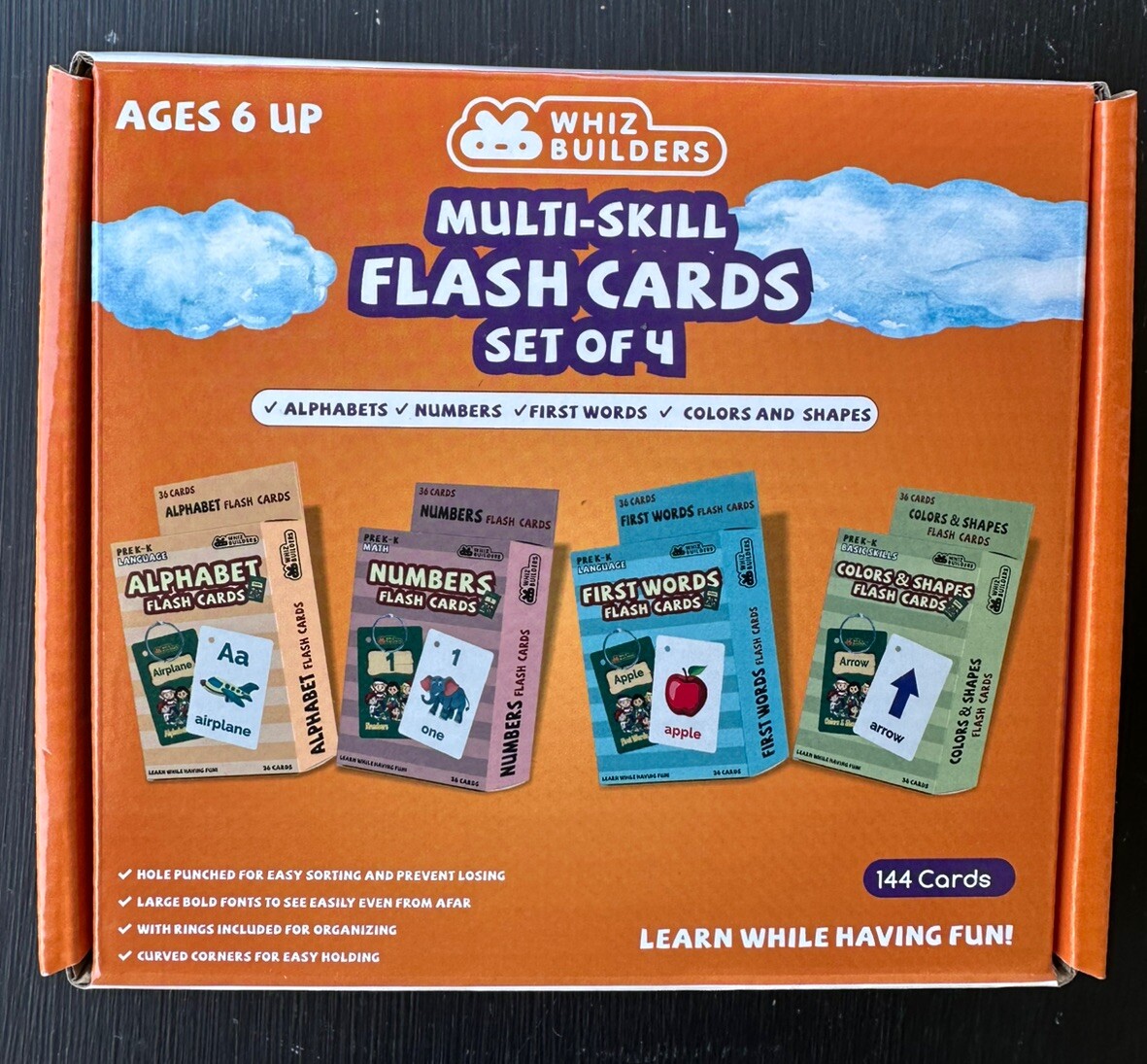 Whiz Builders Multi Skill Flash Cards 144Cards Ages 6&Up Alphabet Numbers & more