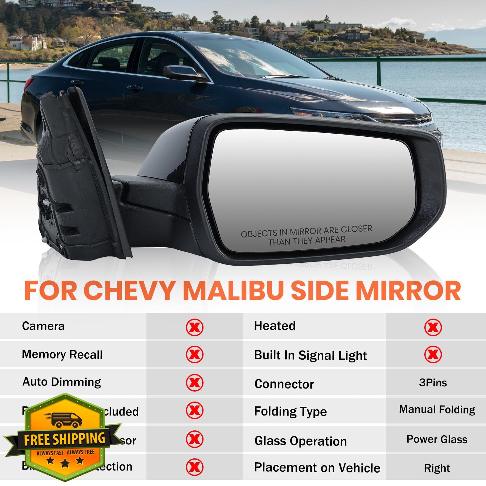 MOFOAP Passenger Mirror Chevy Malibu 2016-2022 Gloss Black Right