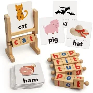 Coogam Wooden Reading Blocks Short Vowel Rods Spelling Games, Flash Cards Turnin