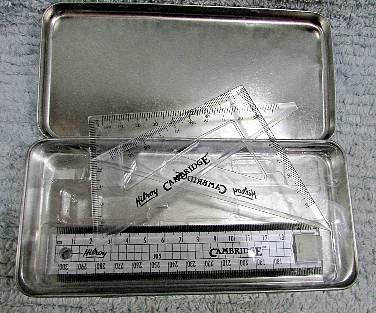 Old Hilroy Cambridge Mathematical Drafting Tools Ruler Triangles Tin Box FREE SH