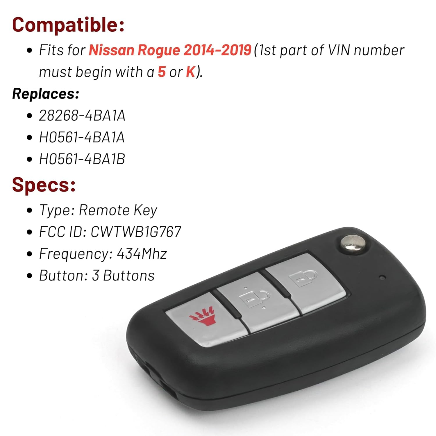 Key Fob Fit for Nissan Rogue 2014 2015 2016 2017 2018 2019 Car, 3-Button Flip Re