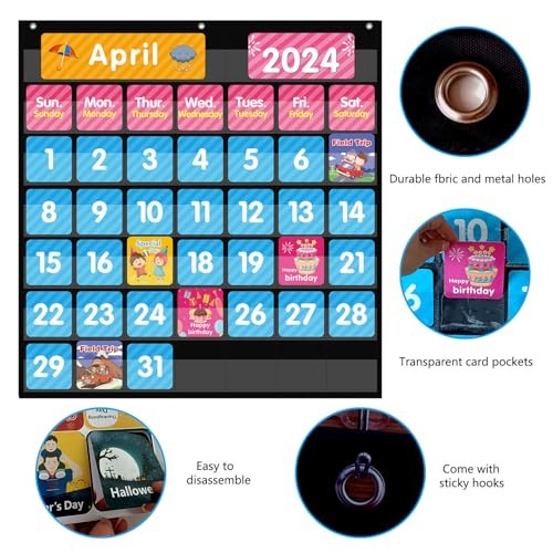 Large 44 Pockets Calendar Pocket Chart for Classroom with 85 44Pockets-1Pack