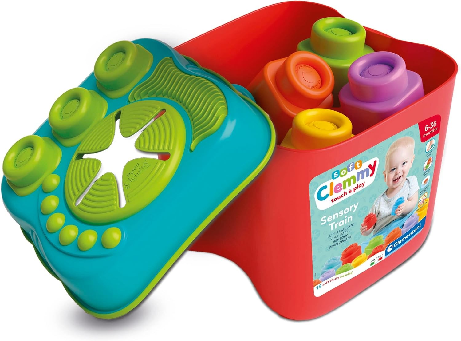 Clementoni 17807 Sensory Bucket, Clemmy Soft Blocks for 6 Months, Building Brick