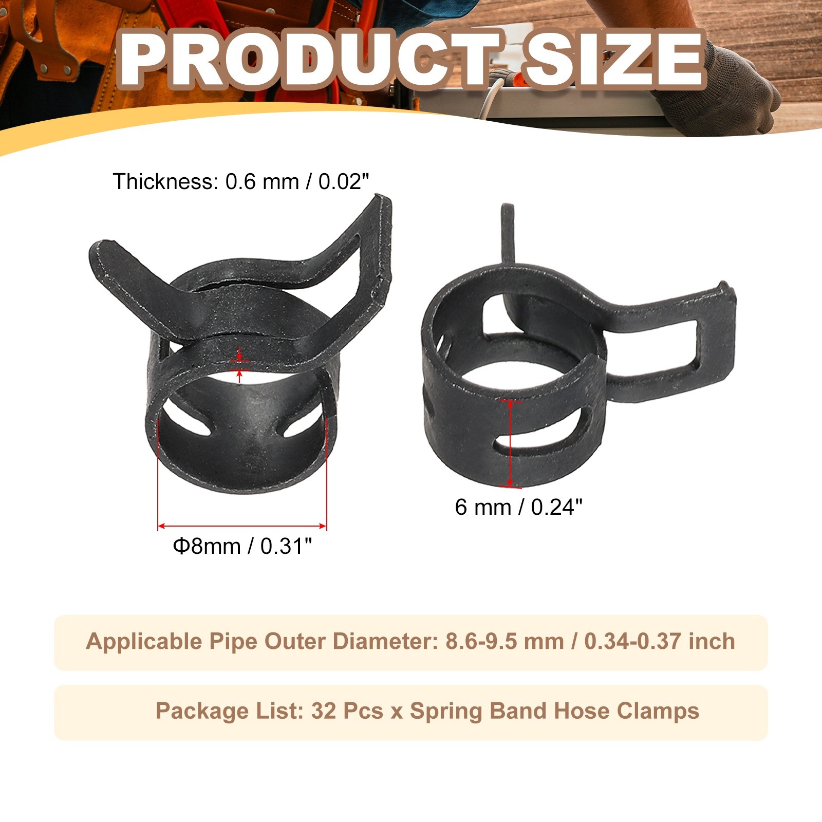 32 Pcs Spring Band Hose Clamps for 8.6-9.5mm OD 0.3″(8mm) ID Black