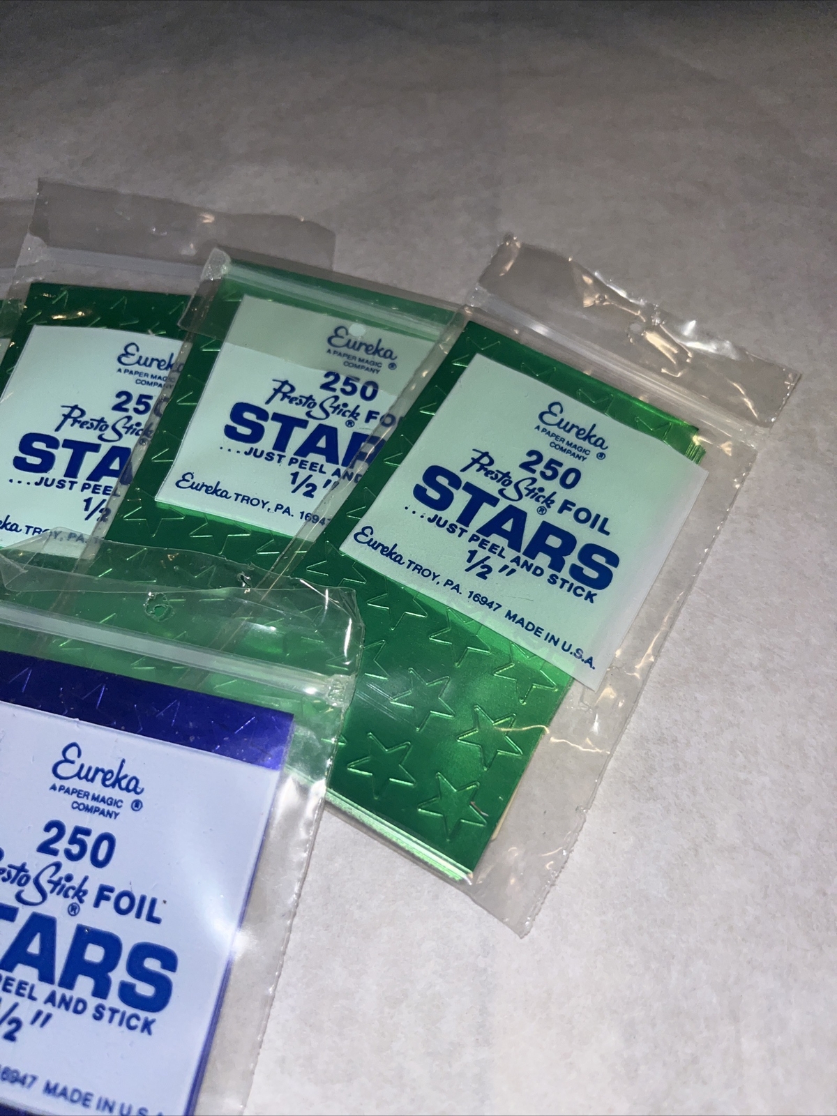 Vintage Lot 7 Eureka Presto-Stick Foil Star Stickers 1/2″ Purple Green 1750 USA