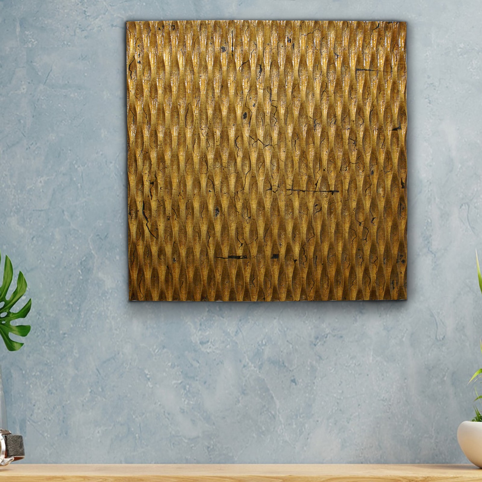 Benjara Modern Style Wooden Wall Decor with Patterned Carving- Large- Gold