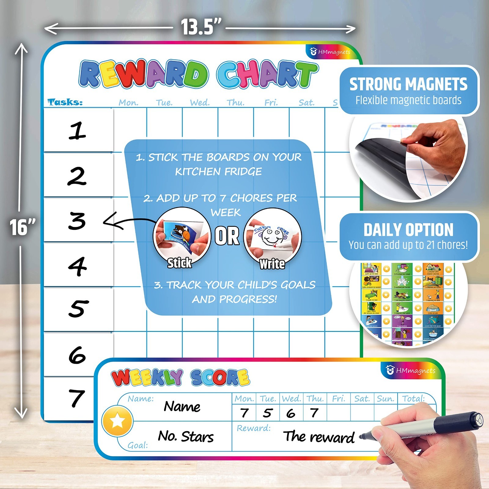 Magnetic Reward Chart for Kids – 127 Stickers & 30 Customizable Chores – Potty T