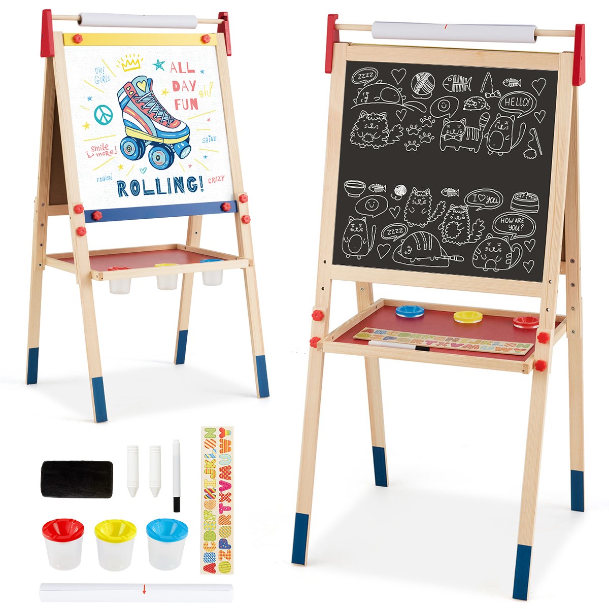 All-in-One Wooden Kid’s Art Easel Height Adjustable Activity Easel w/Paper Roll