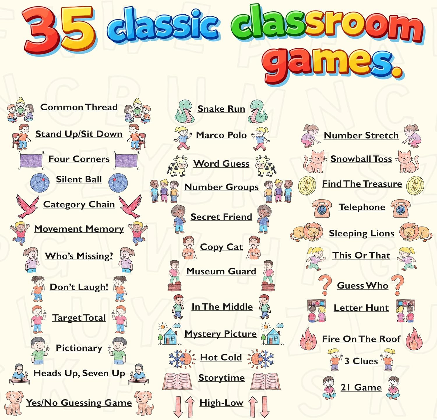 35 Classic Group Classroom Game Cards with Inspirational Teacher Affirmations on