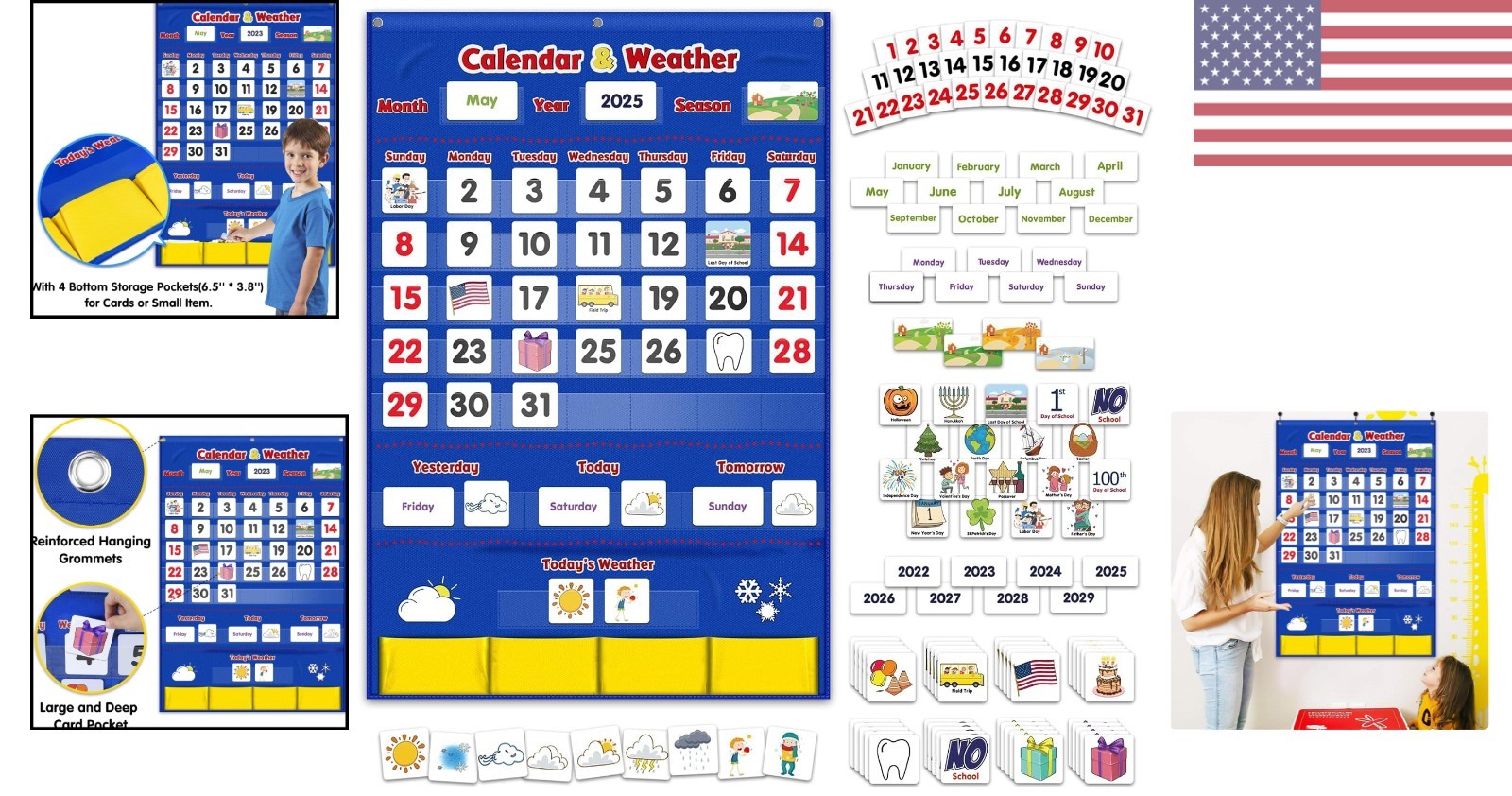 Durable Blue Calendar & Weather Pocket Chart for Preschool Learning – 149 Cards