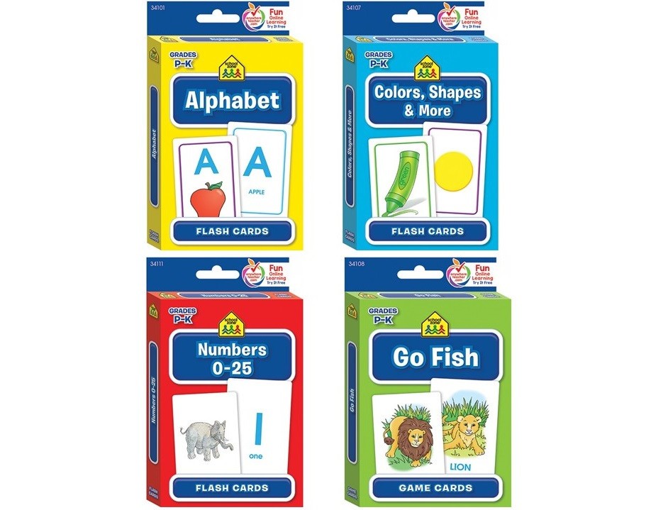 Preschool Flash Cards Alphabet Numbers Colors For Beginners School Zone 4-Pk