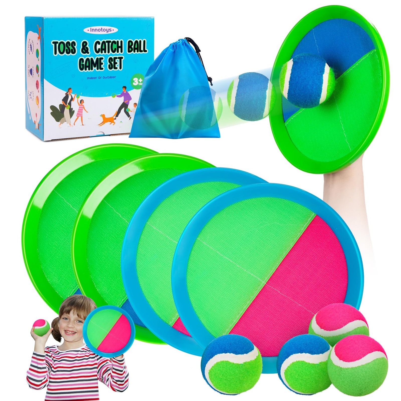 Innotoys Toss and Catch Ball Game – 4 paddles 4 balls, Green Blue+pink