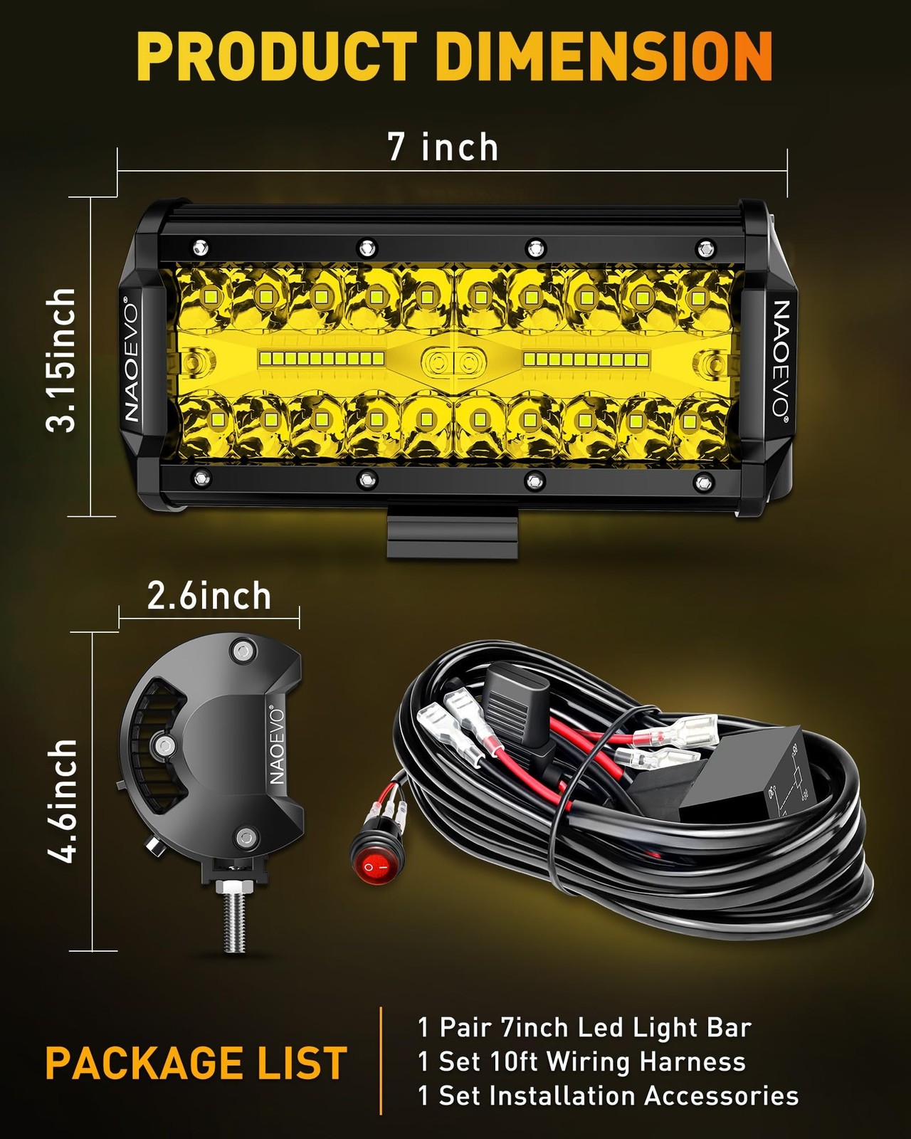 NAOEVO 7 Inch Yellow LED Light Bar, 240W 24,000LM Offroad Fog/Driving Lights …