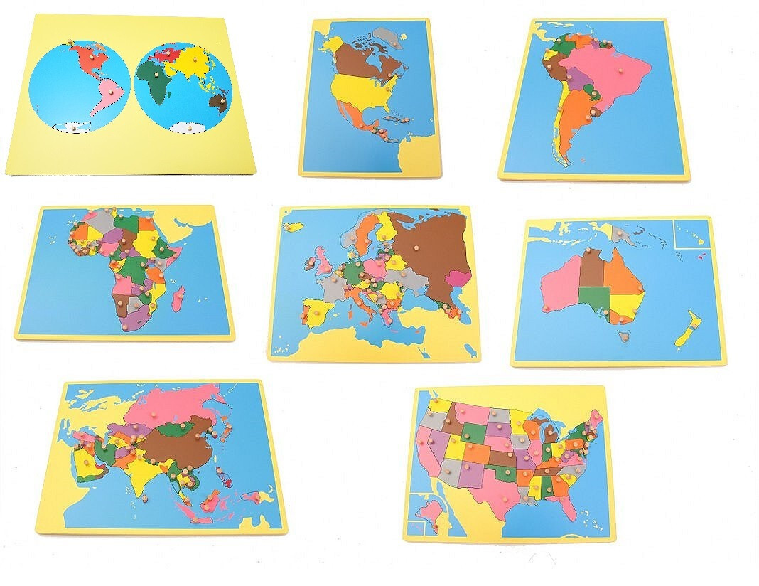 Montessori Geography Material- Small Board Map Set 1 (Set of 8 maps) with USA