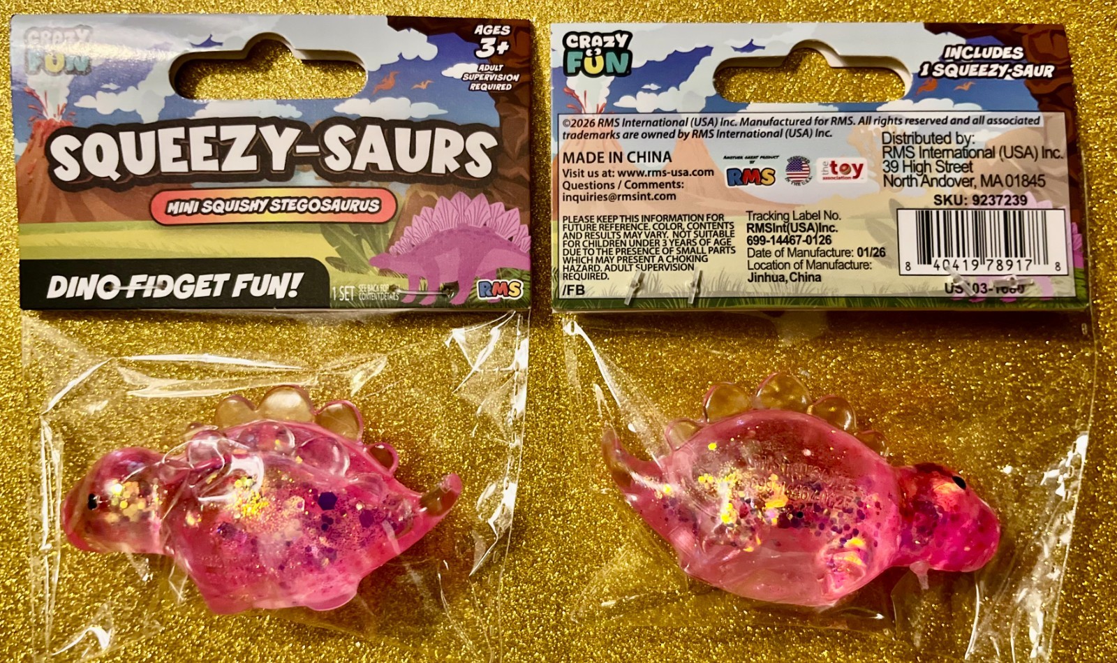 RMS CRAZY FUN PINK GLITTER DINO SQUEEZY-SAURS STEGOSAURUS
