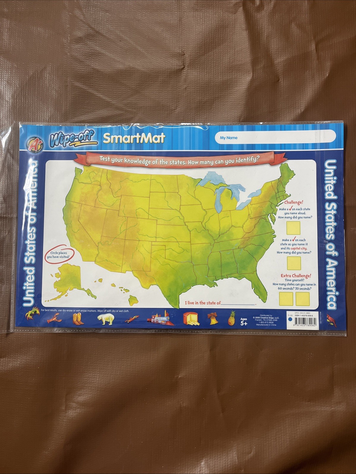 Wipe Off Smart Mat The United States of America 1 placemat & dry Erase marker