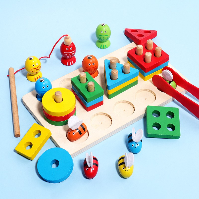Wooden Shape Sorting & Stacking Clamp Bee & Fishing 3in1 Toddler’s Toy f/ Age 3+