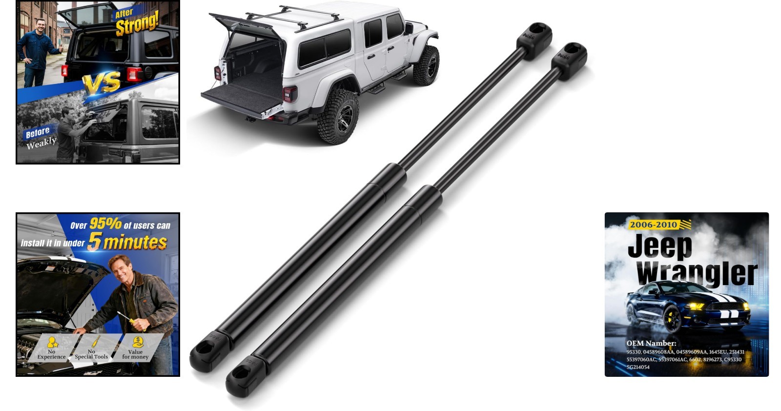 Rear Window Struts for Jeep Wrangler 2007-2010, Black, Carbon Steel, 2 Pcs