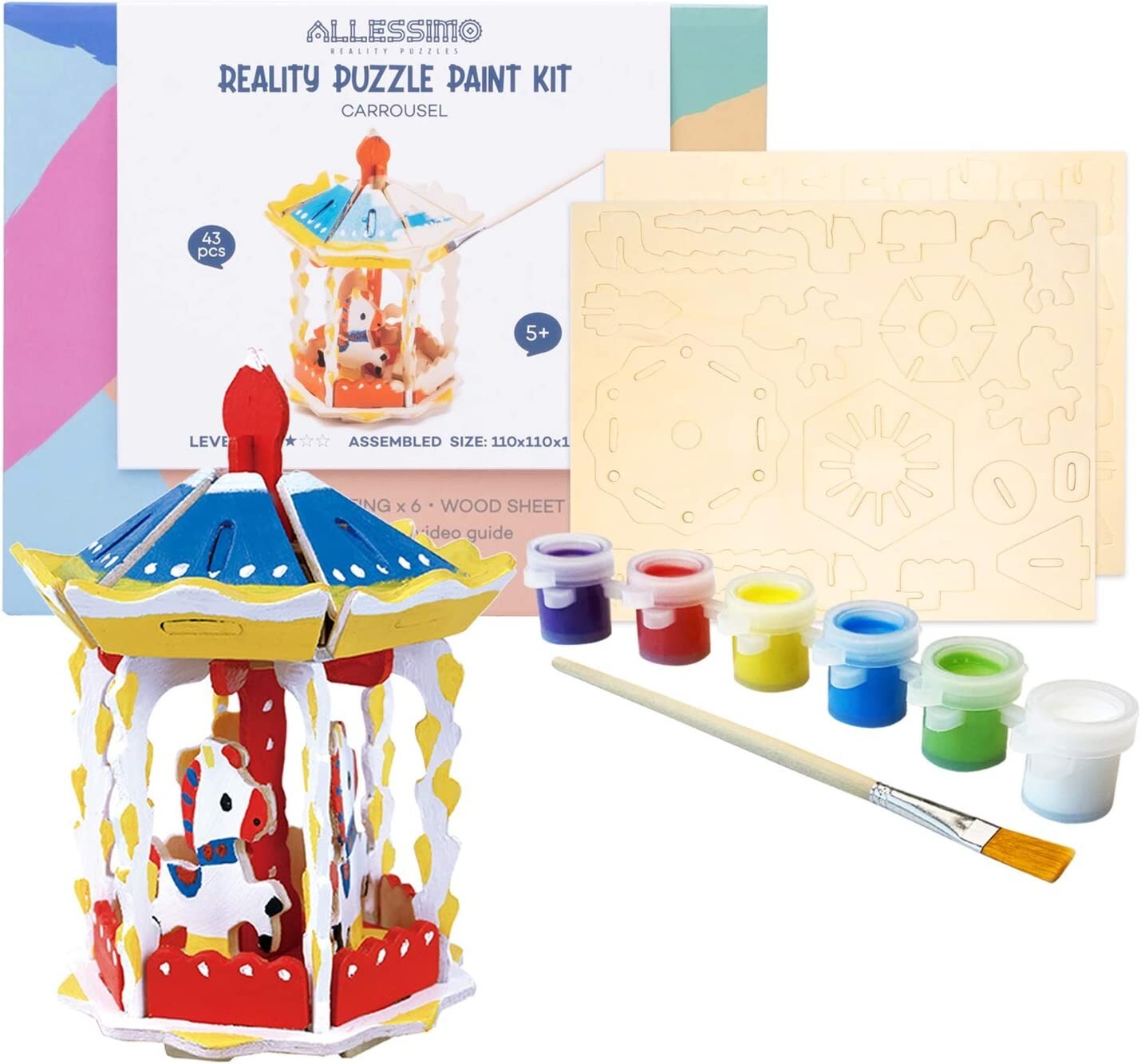Allessimo Reality Puzzle Paint Kit Carousel 3D Wooden Model Toy STEM Art & Craft
