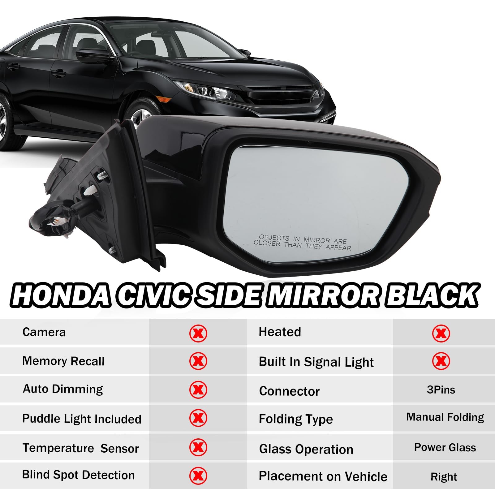 MOFOAP Black Right-3pins Mirror Honda Civic