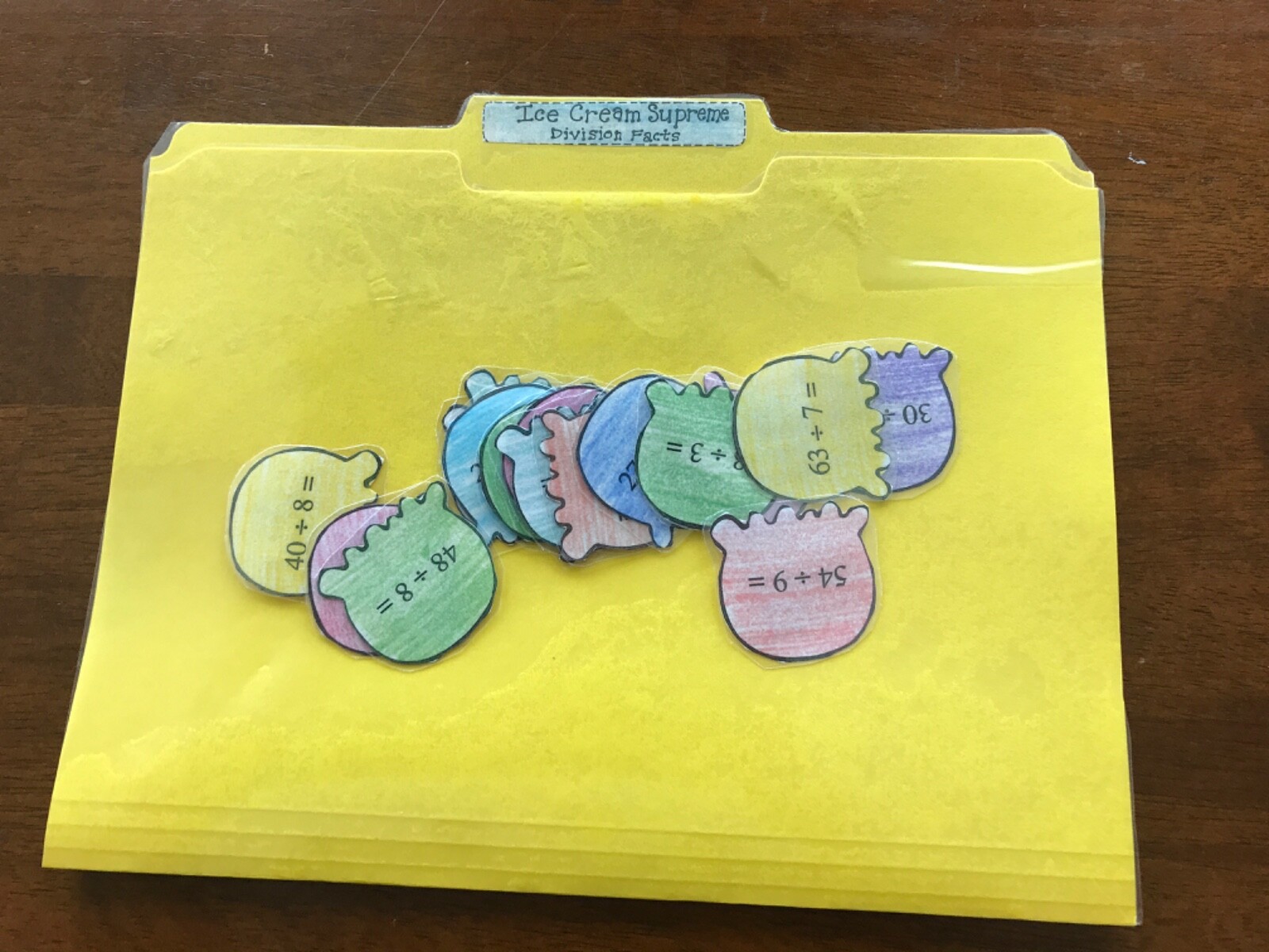 Ice Cream Supreme! Division facts Grade 3-4 math file folder game teacher