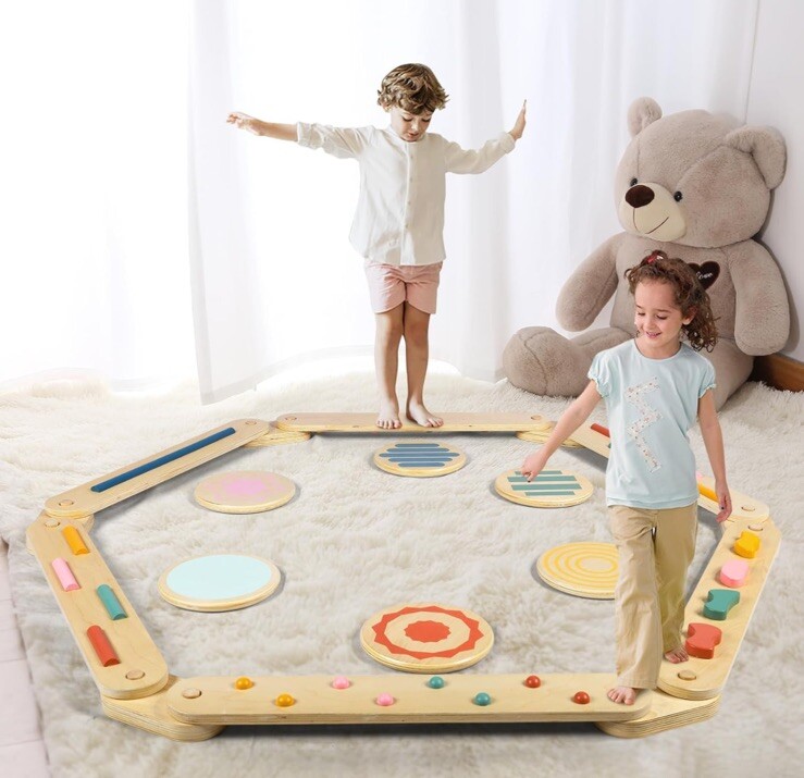 12Pcs Kids Balance Beam & Stepping Stones Wooden Balance Toy Gym Obstacle Course