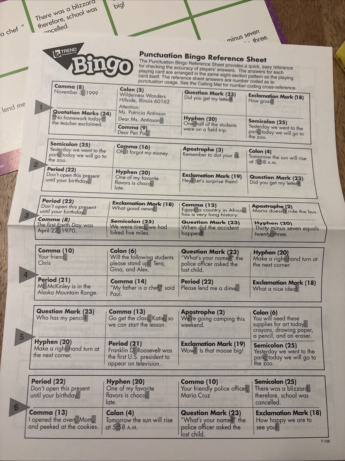 Trend Enterprises Punctuation Bingo Game; Ages 7 & Up; 3 To 36 Players Teacher