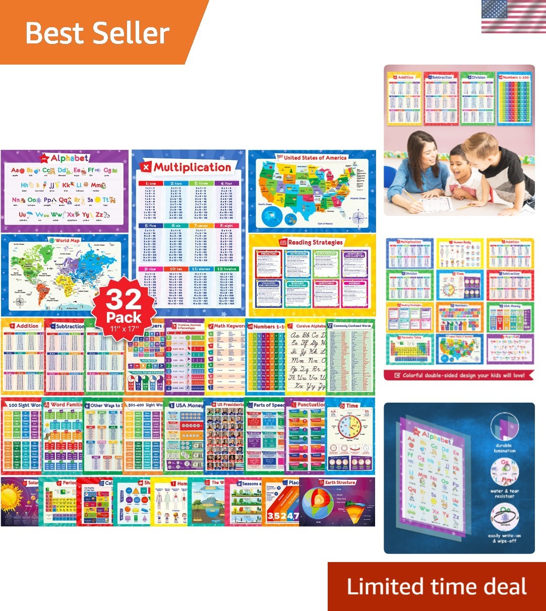 Engaging 32-Pack of 59 Learning Posters for Kids – 17×11, Classroom Essentials