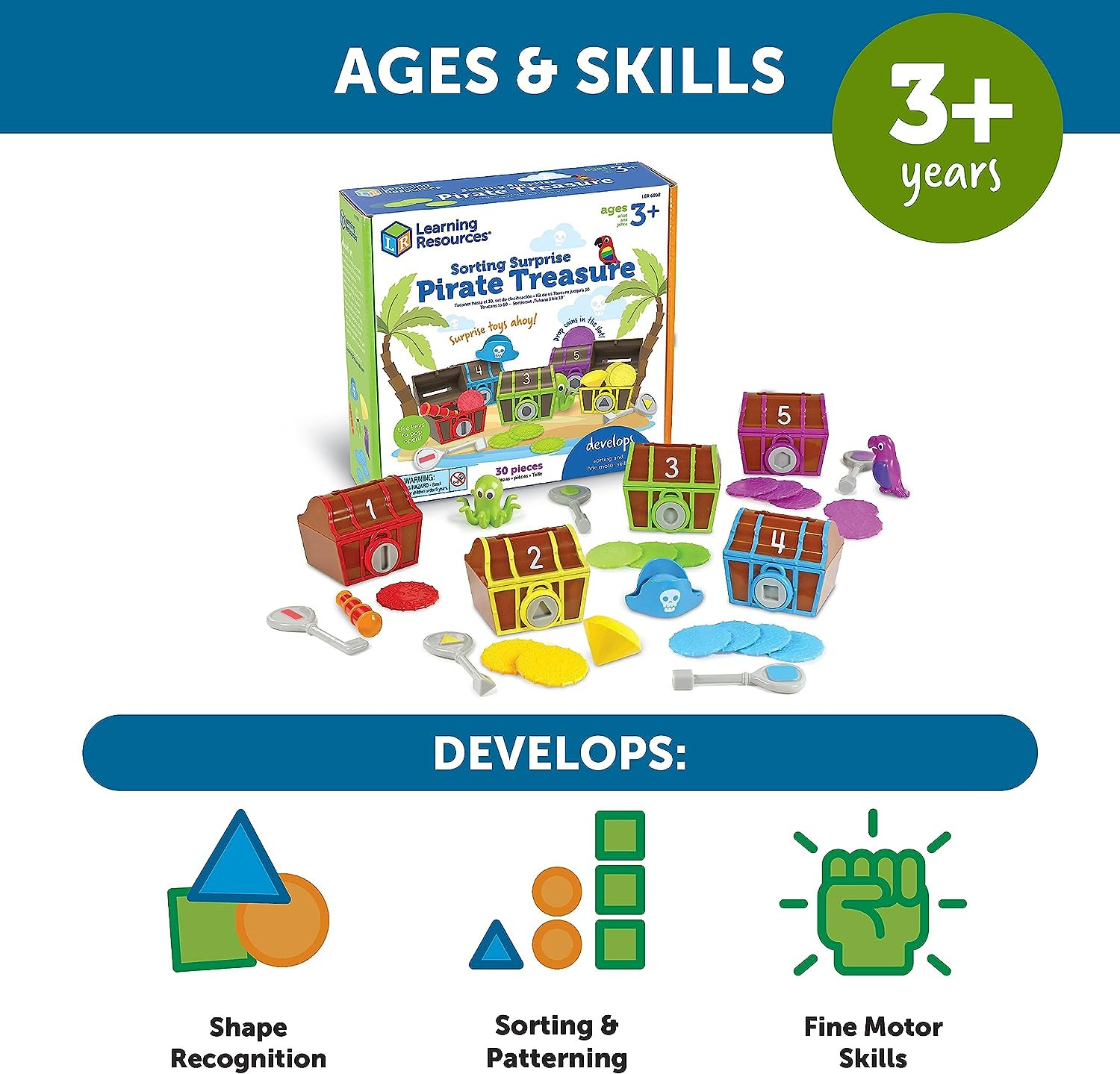 Sorting Surprise Pirate Treasure – 30 Pieces, Ages 3+ Color, Sorting & Matching