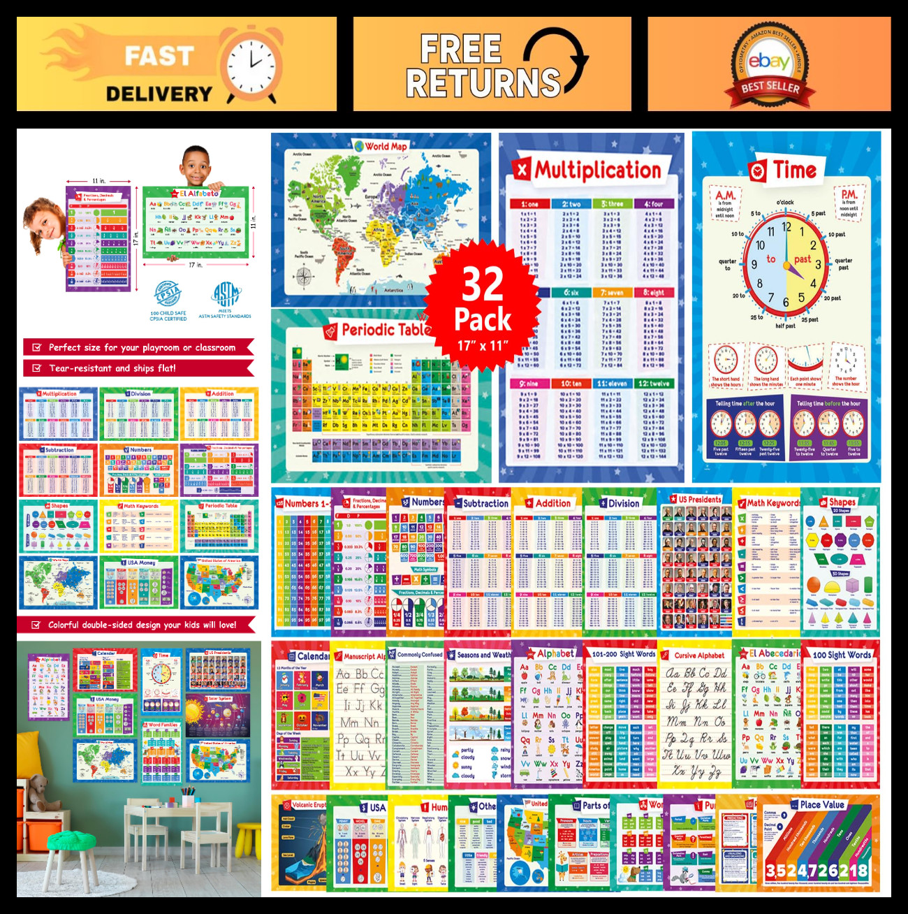 32 Educational Posters Set for Kids – 17×11 Multiplication, ABC, World Map & Mor